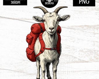 Adventure Goat with Red Backpack PNG | Hiking Goat Clipart | High Quality 300DPI Digital Download | Commercial Use | Great for POD Gifts