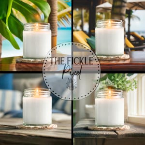 Candle Mockup Bundle, Summer Beach House Style White Candle Mockups Add Your Design, Clear Jar 9oz, Printify Candle Mockup