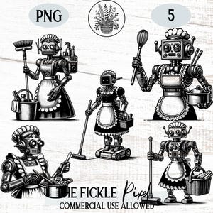 ヴィンテージ ロボット メイド PNG グラフィック バンドル、ロージー クリップアート（即時ダウンロード）