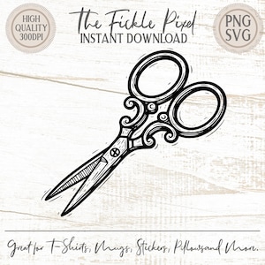 May include: Black and white illustration of ornate scissors. The text "The Fickle Pixel INSTANT DOWNLOAD" is at the top. The image also includes the text "Great for T-Shirts, Mugs, Stickers, Pillowsand More."