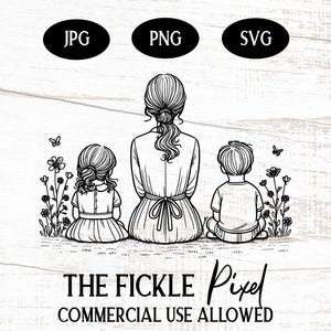 Op de afbeelding: Zwart-witte lijntekening van een moeder en twee kinderen die in een bloemenveld staan. De tekst "THE FICKLE Pixel COMMERCIAL USE ALLOWED" staat onder de afbeelding.
