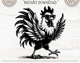 Eigenwijs haan clipart SVG png | Vintage Sketch haan met zonnebril en verhoogde vleugels | Grappige boerderijkunst | Commercieel gebruik | Direct downloaden