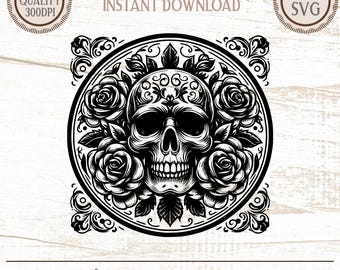 May include: Black and white skull illustration surrounded by roses and decorative elements. The design is labeled "The Fickle Pixel" and is suitable for T-shirts, mugs, stickers, pillows, and more. Includes "High Quality 300DPI" and "PNG SVG" labels.