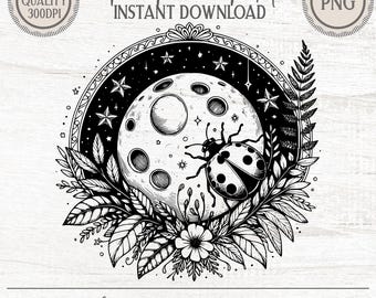 Mystical Moon Clipart PNG - Celestial Botanical Illustration for Tattoo, Crafts, Sublimation - Commercial License