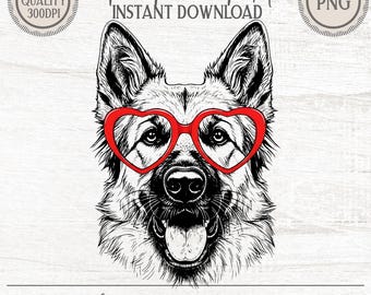 German Shepherd Heart Glasses PNG | Funny Valentine Dog Clipart | Love Pet Digital Download