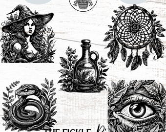 Mystical Witchcraft PNG Clipart Bundle, Boho Celestial Graphics (Digital Download)