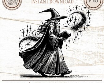 May include: Black and white illustration of a wizard in a long robe and hat, holding a book, with a trail of stars. Text reads "The Fickle Pixel, Instant Download, PNG" and "Great for T-Shirts, Mugs, Stickers, Pillows & More."
