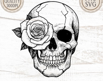 May include: Black and white illustration of a human skull with a rose in place of the left eye socket. The skull has cracks and detailed shading. Text at the bottom reads "THE FICKLE PIXEL INSTANT DOWNLOAD."