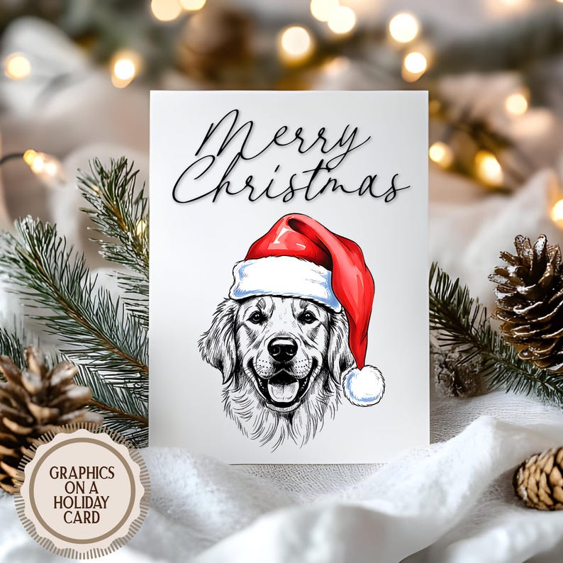 Op de afbeelding: Een witte kerstkaart met de woorden "Merry Christmas" in sierlijk schrift. De kaart toont een gedetailleerde illustratie van een Golden Retriever met een rode kerstmuts. De kaart is omgeven door dennennaalden en dennenappels.
