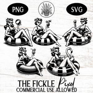 May include: Black and white illustration of five women in various poses, each sitting in a black and white striped inflatable ring. The women are wearing swimsuits and sunglasses. The text "THE FICKLE Pixel COMMERCIAL USE ALLOWED" is at the bottom of the image.