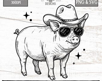 Cowboy Pig PNG SVG – Rowdy Western Pig in Hat & Shades | 300dpi Vintage Clipart for T-Shirts, Mugs, Journals, Crafts and Instant Download