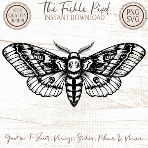 May include: Black and white illustration of a moth with detailed wing patterns. The image includes text that reads "The Fickle Pixel, Instant Download" and "Great for T-Shirts, Mugs, Stickers, Pillows & More."