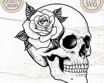 May include: Black and white illustration of a human skull with a large rose blooming on the left side. The skull is detailed with shading and lines, and the rose has detailed petals and leaves. The text "HIGH QUALITY 300DPI" and "PNG SVG" are in the image.