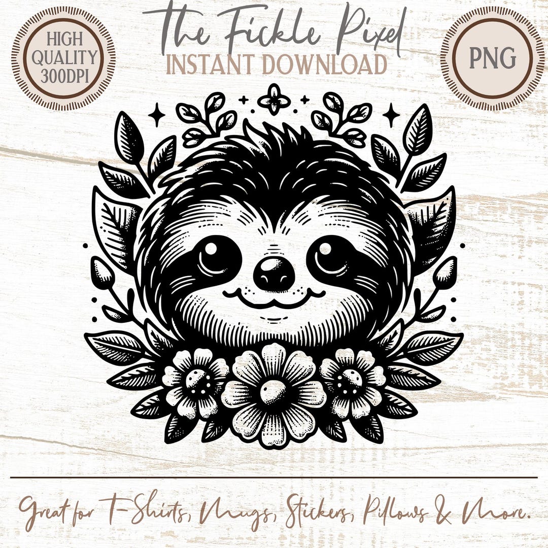 Baby Sloth PNG, Vintage Nursery Art, Floral Animal Clipart, Botanical ...
