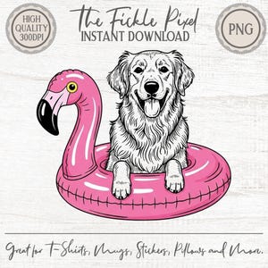 Könnte beinhalten: Schwarz-Weiß-Illustration eines Golden Retrievers in einem rosa Flamingo-Schwimmring. Das Bild enthält den Text "The Fickle Pixel INSTANT DOWNLOAD" und "Great for T-Shirts, Mugs, Stickers, Pillows and More."