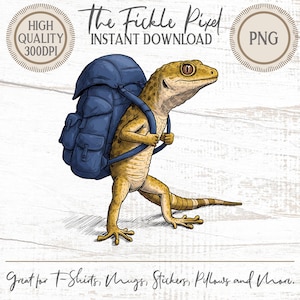 May include: A digital illustration of a gecko wearing a blue backpack. The gecko is yellow and brown with detailed scales. Text includes "The Fickle Pixel" and "Instant Download". The image is labeled "High Quality 300DPI" and "PNG".