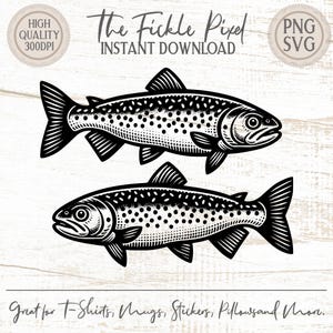 May include: Black and white illustration of two fish. The image includes the text "The Fickle Pixel INSTANT DOWNLOAD" and "Great for T-Shirts, Mugs, Stickers, Pillowsand More."