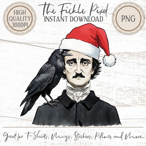 Edgar Allan Poe Raven Holiday Graphic, Santa Hat Christmas PNG , Vintage Xmas Decor, Instant Download, Commercial Use Available