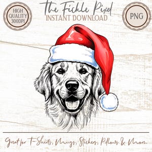 Puede incluir: Ilustración digital de un Golden Retriever con un gorro de Papá Noel rojo con ribete blanco y pompón. El perro está sonriendo. El texto incluye "The Fickle Pixel" y "Great for T-Shirts, Mugs, Stickers, Pillows & More."