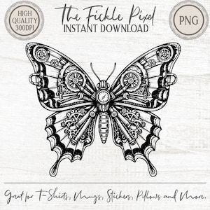 May include: Black and white steampunk butterfly design with gears and clock details. The image includes the text "The Fickle Pixel INSTANT DOWNLOAD" and "Great for T-Shirts, Mugs, Stickers, Pillows and More."
