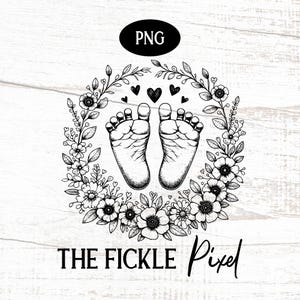 Floral Baby Feet svg , Baby Footprints With Hearts png , Cute Sketched Baby Feet svg , Baby Feet in Flower Wreath png, Commercial Use