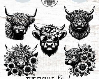 Highland Cow PNG Clipart Bundle, Farm Minimalist Vintage Art, Tattoo & Sublimation Design, Commercial Use, Pod, Laser and Cricut Files
