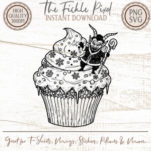 Puede incluir: Ilustración en blanco y negro de una magdalena con un personaje de diablo. La magdalena tiene glaseado decorativo con copos de nieve. El texto incluye "The Fickle Pixel" e "Instant Download". La imagen está etiquetada como "High Quality 300DPI" y "PNG SVG".