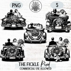 Just Married Wedding Car Illustration PNG Bundle, Bridal Car Icon, Groom and Bride Wedding Classic Car, Marriage Car Outline Sketch
