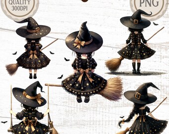 Láminas de acuarela para guardería de brujas: Decoración de Halloween (Paquete PNG de descarga digital)