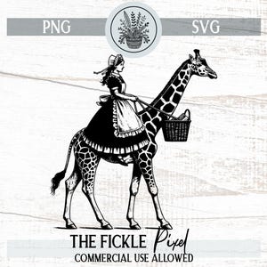 Vintage English Maid Riding Giraffe SVG PNG | Whimsical Storybook Style Clipart | 300DPI Graphic | Instant Download | Commercial Use OK