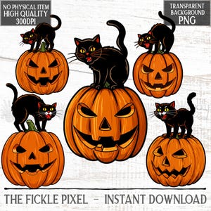 Retro Halloween Black Cat on Pumpkin Bundle | 5 PNGs | 1950s Style Clipart | Vintage Spooky Cute Art | 300dpi | Instant Download