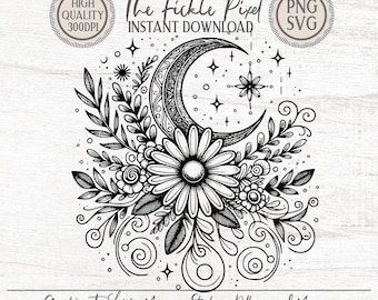 May include: A black and white digital illustration featuring a crescent moon, a large daisy, and surrounding foliage with stars. Text includes The Fickle Pixel, INSTANT DOWNLOAD, HIGH QUALITY 300DPI, PNG, SVG, and Great for T-Shirts, Mugs, Stickers, Pillows and More.