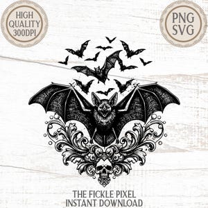 May include: Black and white illustration of a bat with outstretched wings, surrounded by smaller bats. The design includes a skull and ornate scrollwork. Text at the bottom reads "THE FICKLE PIXEL INSTANT DOWNLOAD."