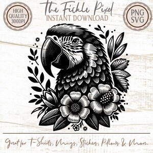 Könnte beinhalten: Schwarz-weiße Papageien-Illustration mit floralen Akzenten. Das Design enthält den Text "The Fickle Pixel" und "Instant Download". Das Bild ist mit "High Quality 300DPI" und "PNG SVG" beschriftet. Der untere Teil des Bildes lautet "Great for T-Shirts, Mugs, Stickers, Pillows & More."