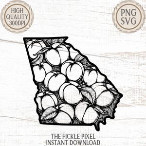 May include: Black and white illustration of the state of Georgia filled with peaches and leaves. The design includes the text "HIGH QUALITY 300DPI" and "PNG SVG". The bottom of the image reads "THE FICKLE PIXEL INSTANT DOWNLOAD".