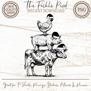 Puede incluir: Ilustración en blanco y negro de una vaca, un cerdo y una gallina apilados, cada uno con un gorro de Papá Noel. El texto dice "The Fickle Pixel, Instant Download". Ideal para camisetas, tazas, pegatinas y almohadas.