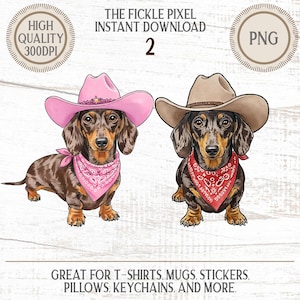 May include: Two dachshund illustrations wearing cowboy hats and bandanas. One dog wears a pink hat and bandana, the other a brown hat and red bandana. Text includes "HIGH QUALITY 300DPI", "THE FICKLE PIXEL INSTANT DOWNLOAD 2", and "PNG".
