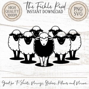Può includere: Grafica in bianco e nero di sette pecore. Una pecora è nera, circondata da sei pecore bianche. L'immagine include il testo "The Fickle Pixel INSTANT DOWNLOAD" e "Great for T-Shirts, Mugs, Stickers, Pillows and More."