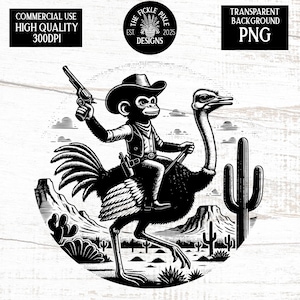 Cowboy Chimp Rides Ostrich PNG | Funny Desert Animal Art | Vintage Style Illustration | 300DPI Instant Download | POD & Commercial Use