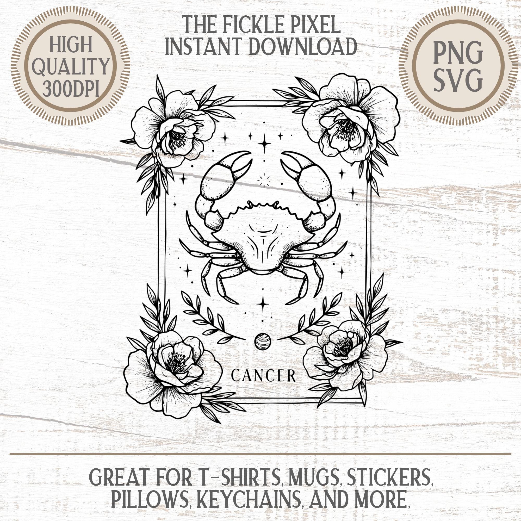 Cancer Zodiac Crab Art | Black Line Botanical Mystical Design