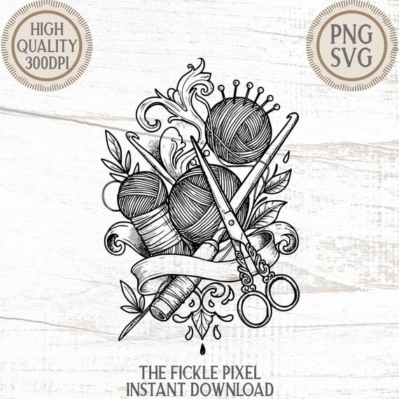 Crochet Tattoo Art Vintage Digital Download PNG SVG | Craft Design Hook Yarn Scissors | T-Shirt Wall Art Mug Print | Instant Download