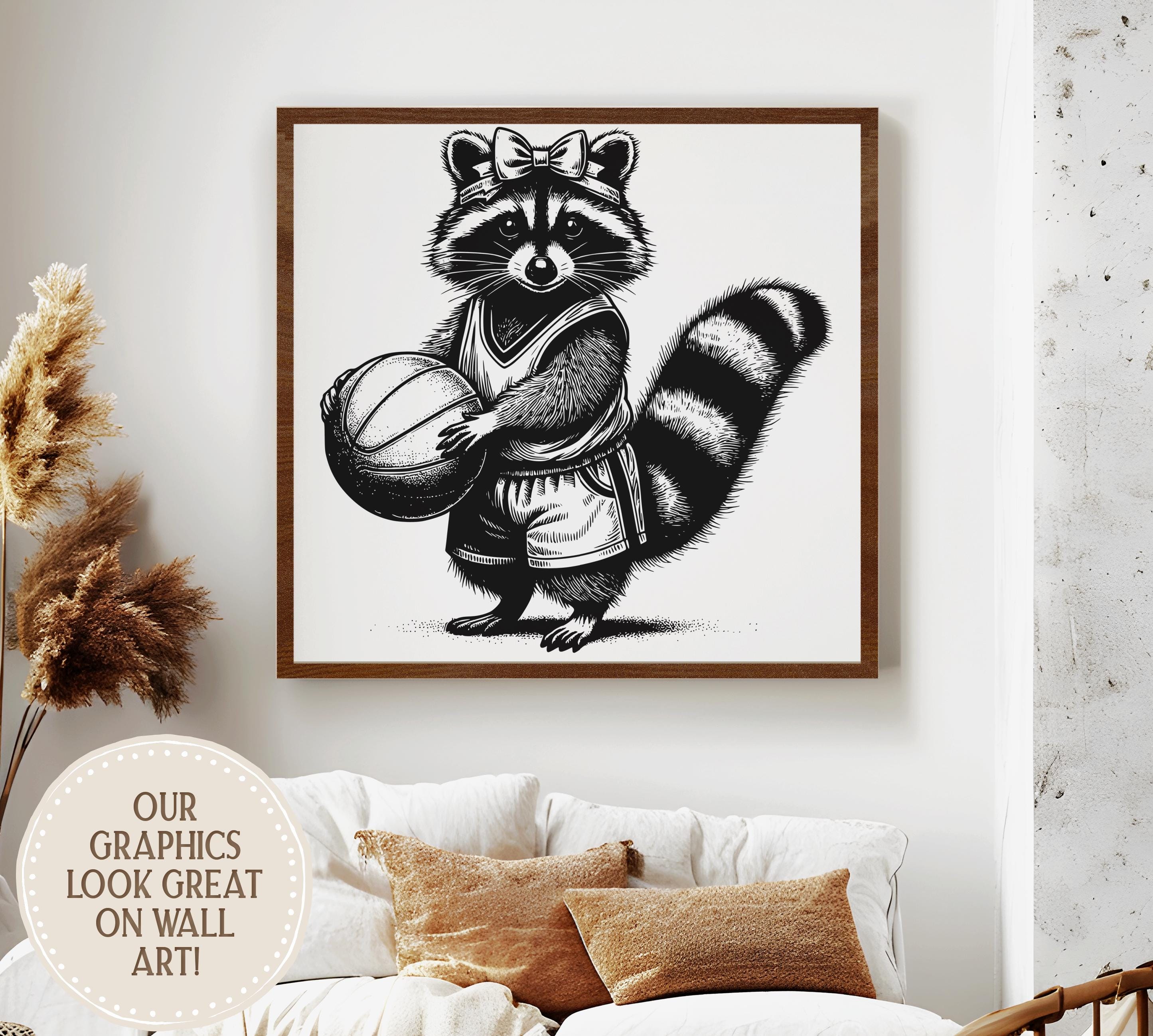 Cute Raccoon Girl Basketball Player Linocut Style Digital Art PNG