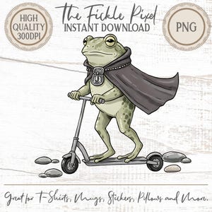 Funny Frog on Scooter PNG, Cape Hero Toad Meme, Adult Humor Graphic, Instant Download, 300dpi Print Art, Party Decor, Card Making Design