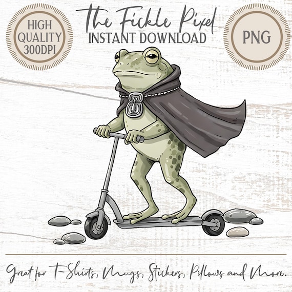 Funny Frog on Scooter PNG, Cape Hero Toad Meme, Adult Humor Graphic, Instant Download, 300dpi Print Art, Party Decor, Card Making Design