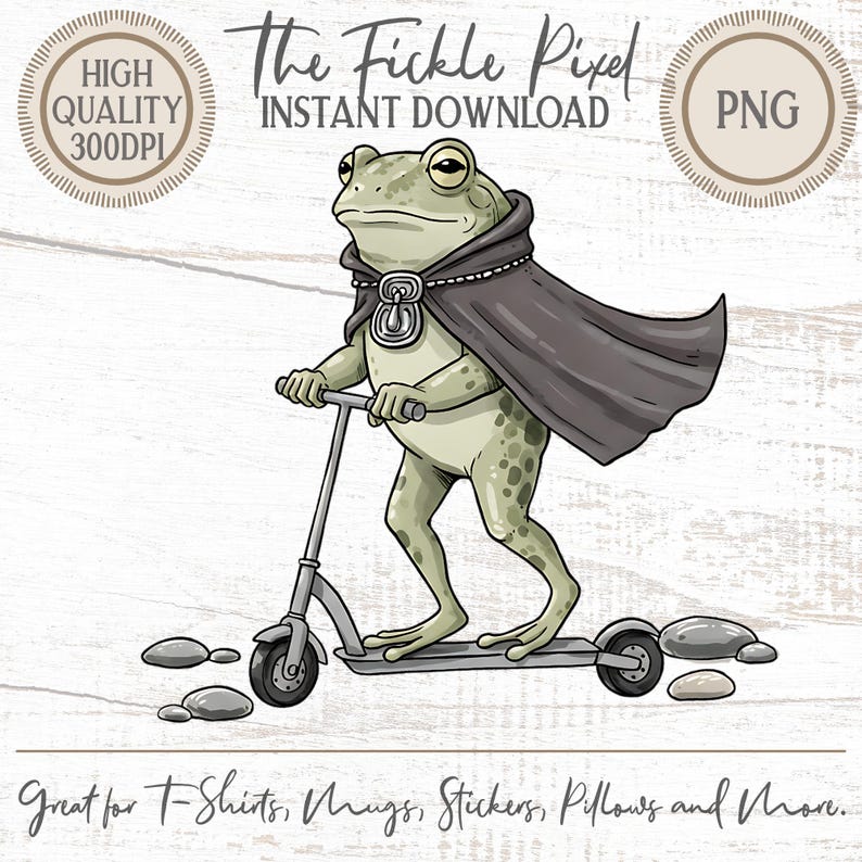 Funny Frog on Scooter PNG, Cape Hero Toad Meme, Adult Humor Graphic, Instant Download, 300dpi Print Art, Party Decor, Card Making Design