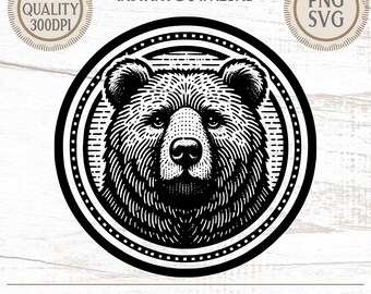 Vintage Bear Head Clipart: Silhouette SVG, PNG (Digital Download)