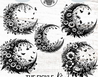 Boho Floral Moon PNG Bundle, Celestial Silhouette (Digital Download)