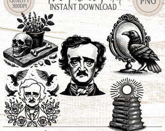 Conjunto de imágenes PNG de Edgar Allan Poe, arte gótico del cuervo (uso comercial)