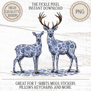 May include: Digital image of two deer adorned with blue and white floral designs. The text says "THE FICKLE PIXEL INSTANT DOWNLOAD" and "GREAT FOR T-SHIRTS, MUGS, STICKERS, PILLOWS, KEYCHAINS, AND MORE."