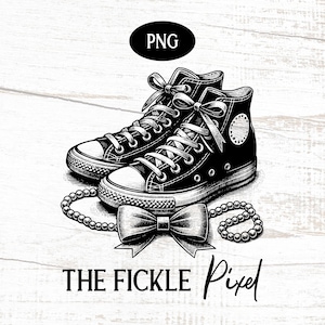 Può includere: Illustrazione in bianco e nero di scarpe da ginnastica alte con lacci annodati con fiocchi. Una collana di perle e un fiocco sono posti davanti alle scarpe. Il testo "THE FICKLE Pixel" è in basso, con un'etichetta "PNG" in alto.